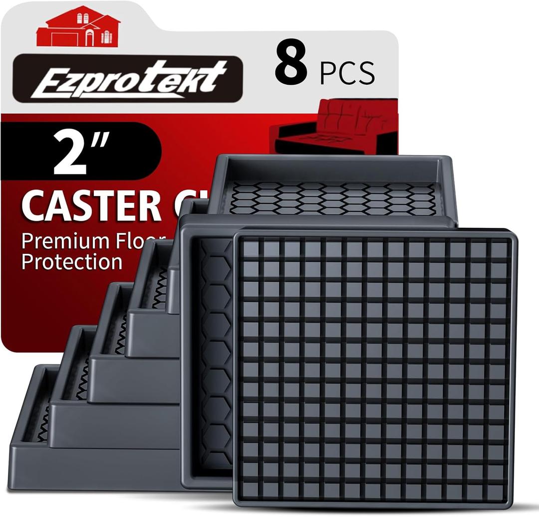 Ezprotekt Non Slip Furniture Coasters - 2 Non Skid Furniture Pads for Hardwoods Floors, 8 Pcs Square Rubber Furniture Caster Cups Floor Protectors for Bed Couch Chair Desk (Black)