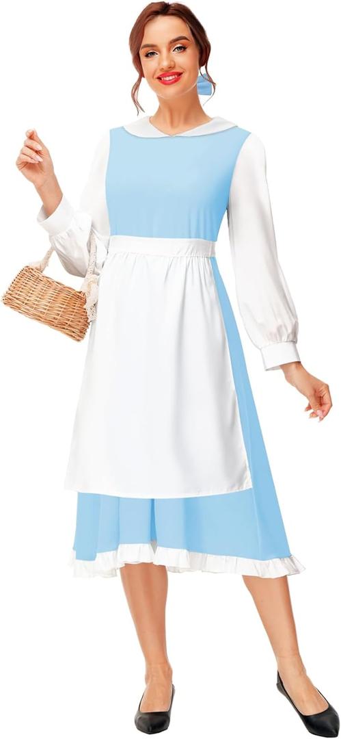 Deerose Adult Kids Blue Dress Halloween Princess Long Sleeve Dresses Maid Beauty Clothes (Small)