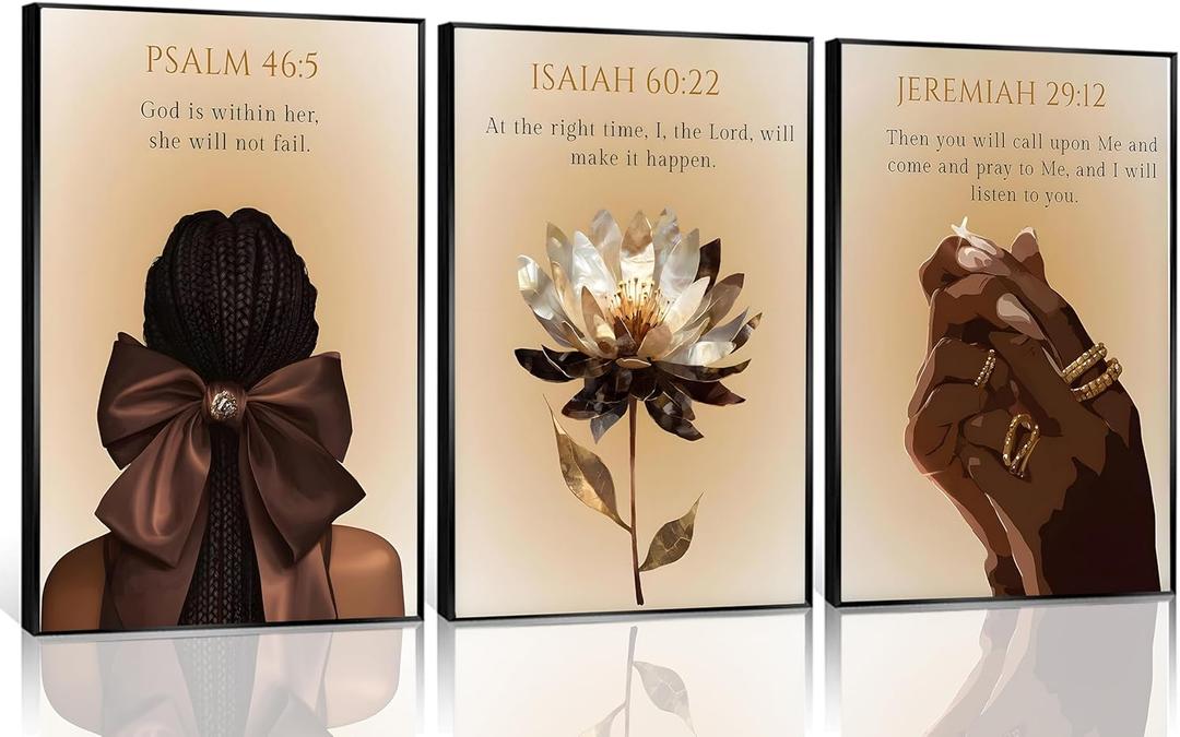 3Pcs Trend Black Girl Canvas Wall Art Christian Bible Verse Poster Prints Abstract Fashion Lotus Flower Pictures Wall Decor for Living Room Bedroom Home Decoration Unframed (12x16, beige)