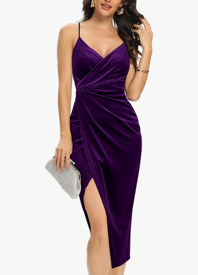 Missufe Women's Sleeveless Spaghetti Strap Wrap V Neck Bodycon Ruched Slit Midi Party Cocktail Velvet Dress M