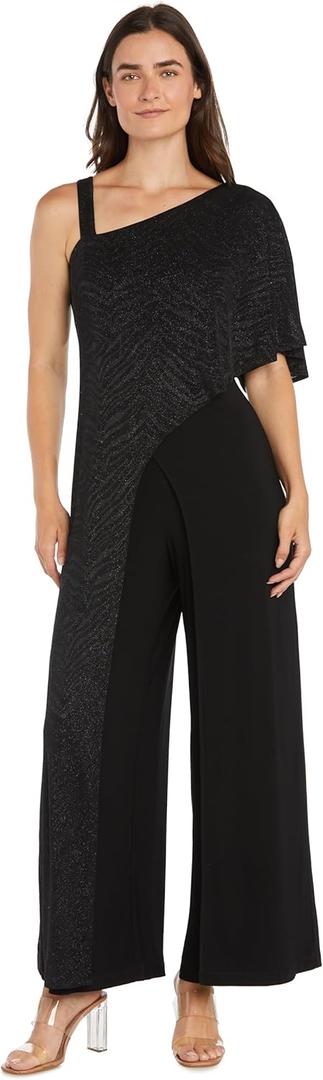 R&M Richards Elegant Formal Jumpsuit W/Asymmetrical Glitter Knit Overlap & One Shoulder Strap (20 Plus, Black)