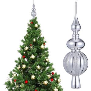 NOLITOY Spherical Christmas Tree Topper Ornaments, 9 Inch Plastic Glitter Finals Tree Topper Decorative Ornament Holiday Indoor Suitable for Home Party Decoration, Silver