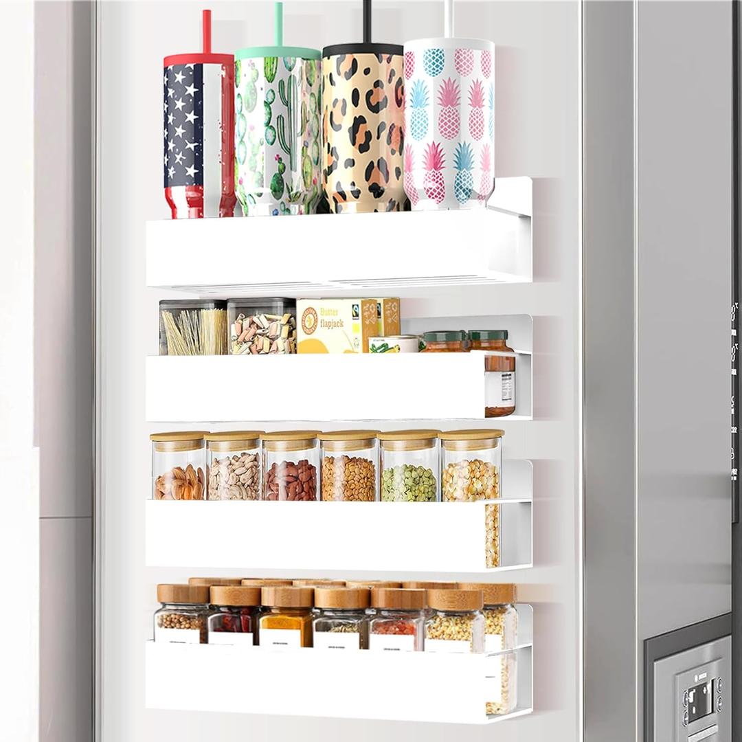SMRCAD Magnetic Spice Rack for Refrigerator Seasoning Organizer for Spice Fridge Shelf storage Magnetic Shelf with Hook for Oven(4pack-White)