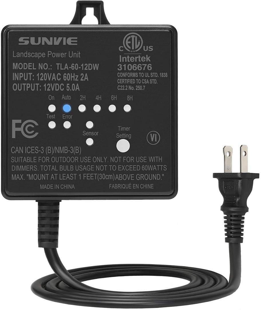 SUNVIE Low Voltage Transformer 60W Landscape Lighting Transformer with Timer and Photocell Sensor 120V AC to 12V DC Waterproof for Outdoor LED Spotlights Garden Pathway Landscape Lights, ETL Listed SUNVIE Low Voltage Transformer 60W Landscape Lighting Transformer with Timer and Photocell Sensor 120V AC to 12V DC Waterproof for Outdoor LED Spotlights Garden Pathway Landscape Lights, ETL Listed