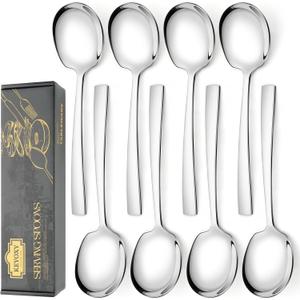 8 Piece Stainless Steel Serving Spoons Set - 8 Large Spoons, 9.2-Inch, Dishwasher Safe, for Parties/Kitchen/Buffet/Catering (Silver)