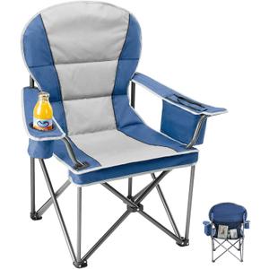 OLIXIS Folding Camping Beach Chair, Outdoor Heavy Duty Lawn Chair with Cup Holder, Non-Slip Feet, Cooler Bag, Portable Collapsible for Hiking Beach Sports, Blue Grey
