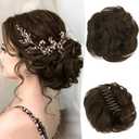 RUWISS Claw Clip Messy Bun Hair Piece Real Human Hair Buns Wavy Curly Chignon Hair Bun Extensions Tousled Updo Hair Buns Claw Clip Ponytail Hairpieces (Dark Brown) (40g)