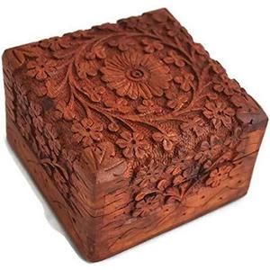 Handmade Wood Keepsake Box Jewellery Organiser Unique Gift Ideas for Men & Women Decorative Multipurpose Travel Storage Box (8 x 5 x 2.5 inch - Flower Brown)
