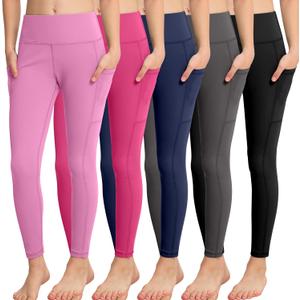 CHRLEISURE Girls' Athletic Leggings with Pockets, 5 Packs Kids Teen Dance Yoga Workout Running Pants  XL