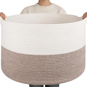 OIAHOMY 90L XXXLarge Blanket Basket for Living Room, 21.7" x 13.8" Woven Cotton Rope Laundry Basket for Organizing Pillows, Decorative Stuffed Animal Toy Storage Bin for Nursery, White and Linen Brown