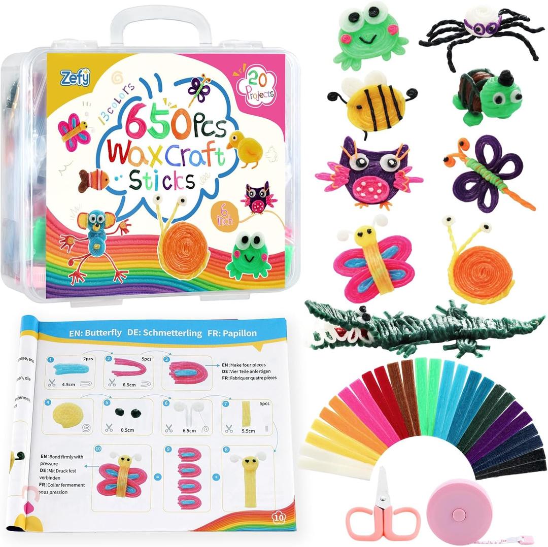 Zefy 650 Pcs 13 Colors Wax Craft Sticks, 6 Inches Bendable Wax Sticks with Storage Box, Travel Road Trip Activities Summer Camping Essentials Valentine Gifts for Kids Boys Girls