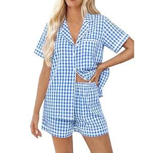 SWOMOG Women Plaid Pajama Set 100% Cotton 2 Piece Pjs Set Short Sleeve Gingham Shirts with Shorts Button Down Cute Loungewear, Medium
