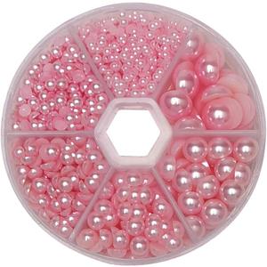 Libiline 1 Box 1170pcs Mix Sizes Round 3/4/5/6/8/10mm Flat Back Beads Half Pearl Scrapbooking Bead for Wedding Ornament (Pink)