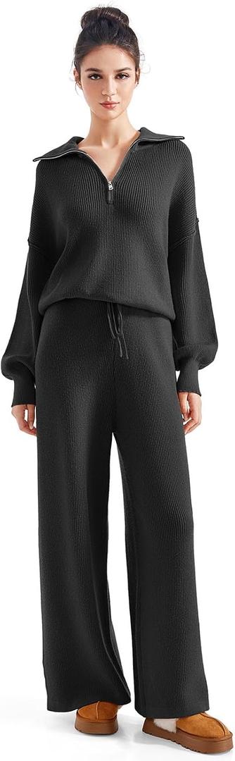 SUUKSESS Women 2 Piece Lounge Sets Oversized Quarter Zip Pullover Wide Leg Pants (Black, L)