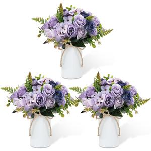 Dining Table Centerpiece Sets 3 Artificial Rose Bouquet with Vase - Farmhouse 6 Pcs Silk Flowers and 3 Pcs Metal Pot Small Faux Floral Arrangements for Wedding Party Home Kitchen Bathroom Dcor, Lilac