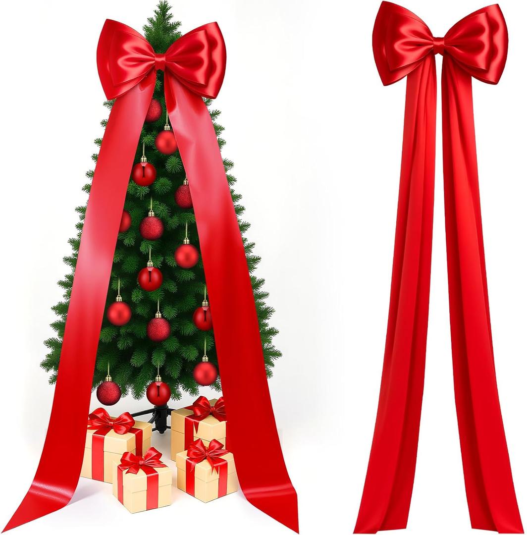 Gejoy Extra Large Christmas Tree Topper Bow 118 x 28 Inch Giant Satin Red Bow with Huge Long Streamer Oversized Double Layer Burgundy Gift Wrapping for Holiday Xmas Tree Decoration Home Party Decor