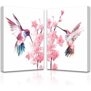 Large Framed Birds Canvas Wall Art,Set of 2 Hummingbird Watercolor Prints,Playful Hummingbirds Amidst Flowers Nature Landscape Wall Art for Country Style Home Decor Or Pink Bedroom(16"x24"inch)