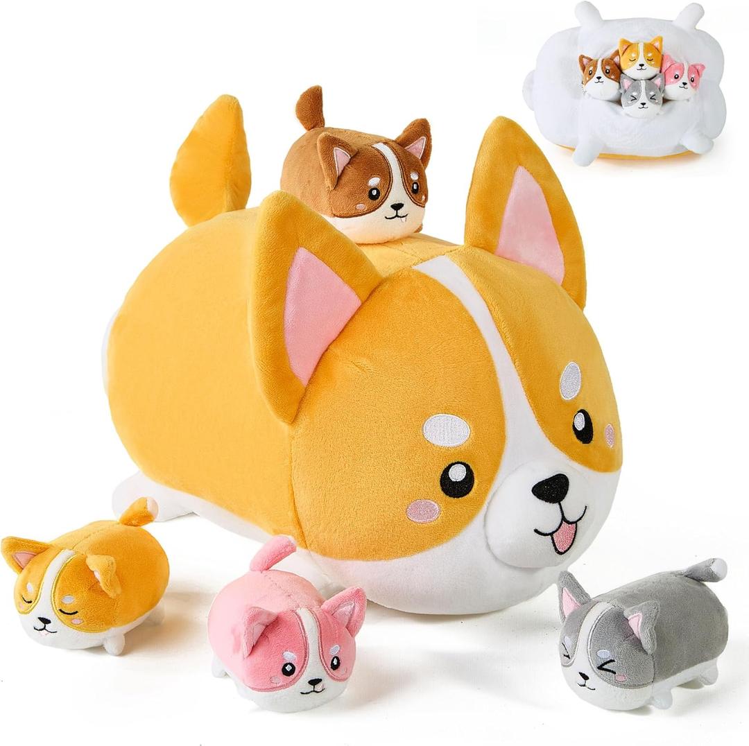 5 Pcs Corgi Dog Stuffed Animals for Kids,15.7" Mommy Dog Plush with 4 Babies Puppy Inside,Soft Corgi Shiba Inu Dog Plushies Toys Pillow Gifts for Dog Lover Christmas, Valentine's, Birthday
