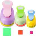 Chengu 3 Pack Square Craft Hole Punch 2, 1 and 5/8 Inch Punch Paper Punchers with 10 Pcs Sticker, Cutter Purple Green Yellow for Card Making Scrapbook DIY Albums Photos Office Supplies
