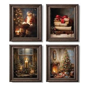 YZSLA Vintage Christmas Wall Art Prints, Winter Classic Xmas Santa Reading Book Poster Art Prints, Christmas Wall Decorations for Reading Room Library Home Decor, 8x10 Inches Unframed Set of 4