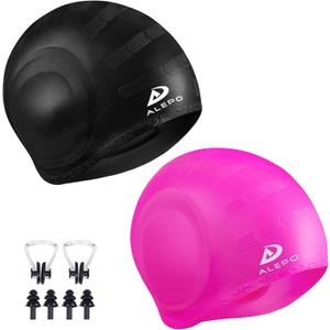 2 Pack Unisex Swim Caps with 3D Ear Protection, Durable Flexible Silicone Swimming Hats for Women Men Kids Adults, Bathing Swimming Caps for Short/Long Hair with Ear Plugs&Nose Clip (Rose Red)