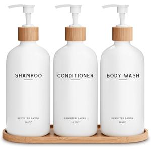 White Shampoo and Conditioner Dispenser Set by Brighter Barns - Shower Dispenser - Shampoo Conditioner Body Wash Dispenser with Pump - Shower Soap Dispenser for Bathroom Decor, Hotel, Airbnb (White)