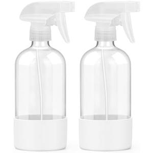 Worldgsb 2 Pack Glass Spray Bottles with Silicone Sleeve, 16 oz Empty Refillable Containers with Adjustable Spray Nozzles, Spray Bottles for Hair, Cleaning Solutions and Plants White
