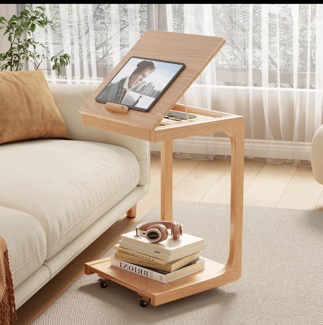 KASLANDI C Shaped Table for Couch, C Table with Wheels,Wooden Couch Table Adjustable Desktop for Living Room, Bedroom - Natural Color