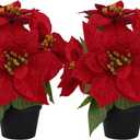 2 Pcs Small Fake Poinsettias Artificial Plants 11.8",4 Red Velvet Heads Faux Christmas Flowers in Pot for Home Office Table Indoor Christmas Winter Decorations