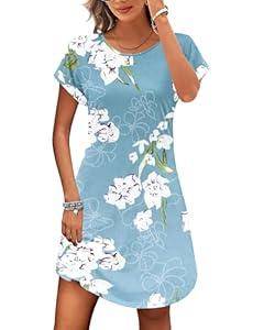 PLOKNRD Sundresses Women Short Sleeve Summer Tunic Dress Casual Swing Cotton Cover Ups Vacation, Flower Light Blue-2XL 