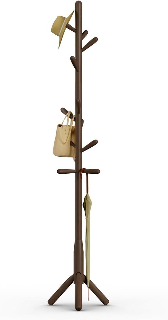 Solid Wood Coat Rack, Freestanding Tree-Shaped Coat Rack with 11 Hooks, Main Pole 1.6" dia,for Clothes, Hat Stand Used in Bedroom/Office/Entryway (3-Leg Base, Dark Walnut)