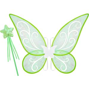 Fairy Wings Butterfly Costume for Girls Halloween Cosplay Dress Up Fairy Costume with Wand (Green)