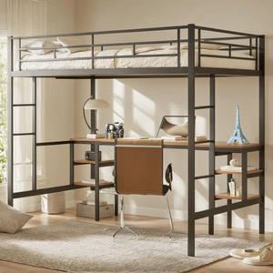 Twin Size Loft Bed with Table & Shelves, Heavy-Duty Metal Bed Frame with 2 Side Ladders, Safety Guardrail for Guest Room, Bedroom, No Box Spring Needed, Black