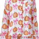 MBZJSDKHLK Women's Halloween Pajamas Set Silk Satin Ghost Pumpkin Print Long Sleeve Button Down Shirt 2 Piece Pjs Shorts Sets, Medium