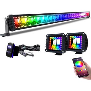 Lpteso RGBW LED Light Bar 52'' inch 300W Flood Spot Combo Beam 2PCS 4 Inch 18W Flood RGB LED Pods with 16 Solid Colors Chasing RGB Halo Ring Changing with Strobe Flashing with Rocker Switch Wiring