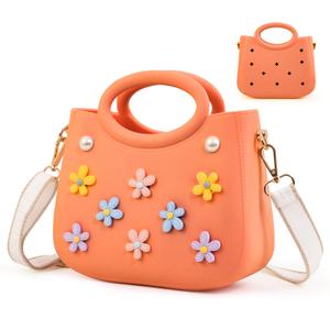 Small Rubber Beach Bag with Custom Charms & Strap for Girls & Women Cute Waterproof EVA Tote for Beach, Pool & Travel (Orange)
