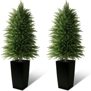 Mavis's Diary 4FT Artificial Cedar Trees Outdoor, Set of 2 in Modern Square Pots, Realistic Faux Evergreen Topiary for Porch, Garden & Home Decor