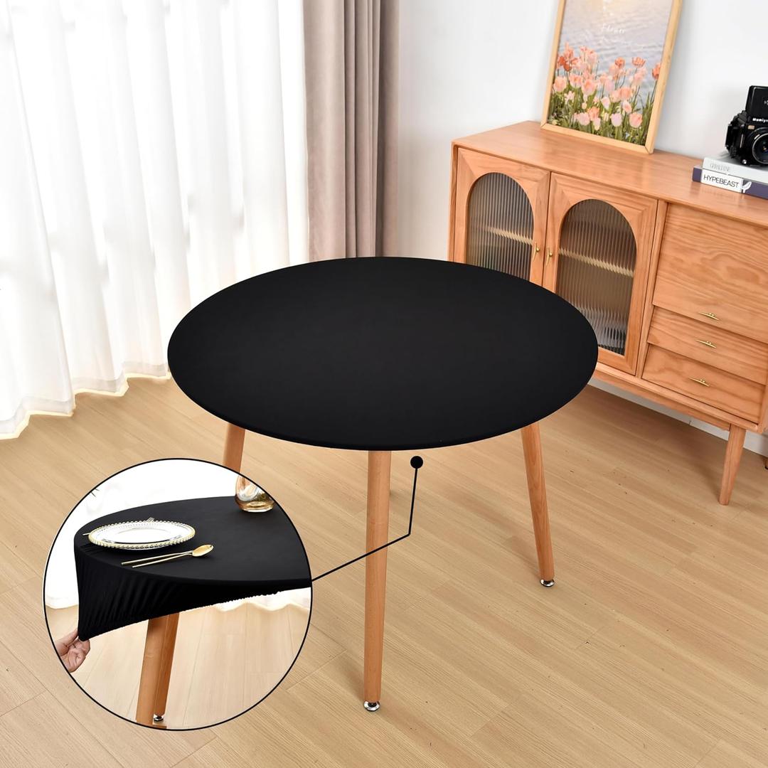 Round Fitted Black Tablecloth with Elastic for 48 inch Tables No Slip Cloth Table Covers Washable Stretchy Table Cloths for Kitchen Dining Outdoor Party