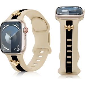 Silicone Strap for Apple Watch Band Series 11 10 9 8 7 6 5 4 3 SE Ultra, Stylish Bracelet with Gold Honey Bee Charms for iWatch 38mm 40mm 41mm 42mm 44mm 45mm 46mm 49mm Bands, Designer Sport Wristbands