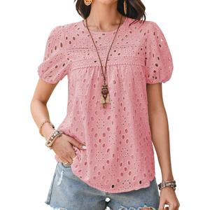 Falechay Womens Summer Tops Round Neck Hook Flower Casual Blouses for Women Dressy Casual Embroidered Eyelet Swiss Dot Babydoll Clothing Pink S (Pink, S)