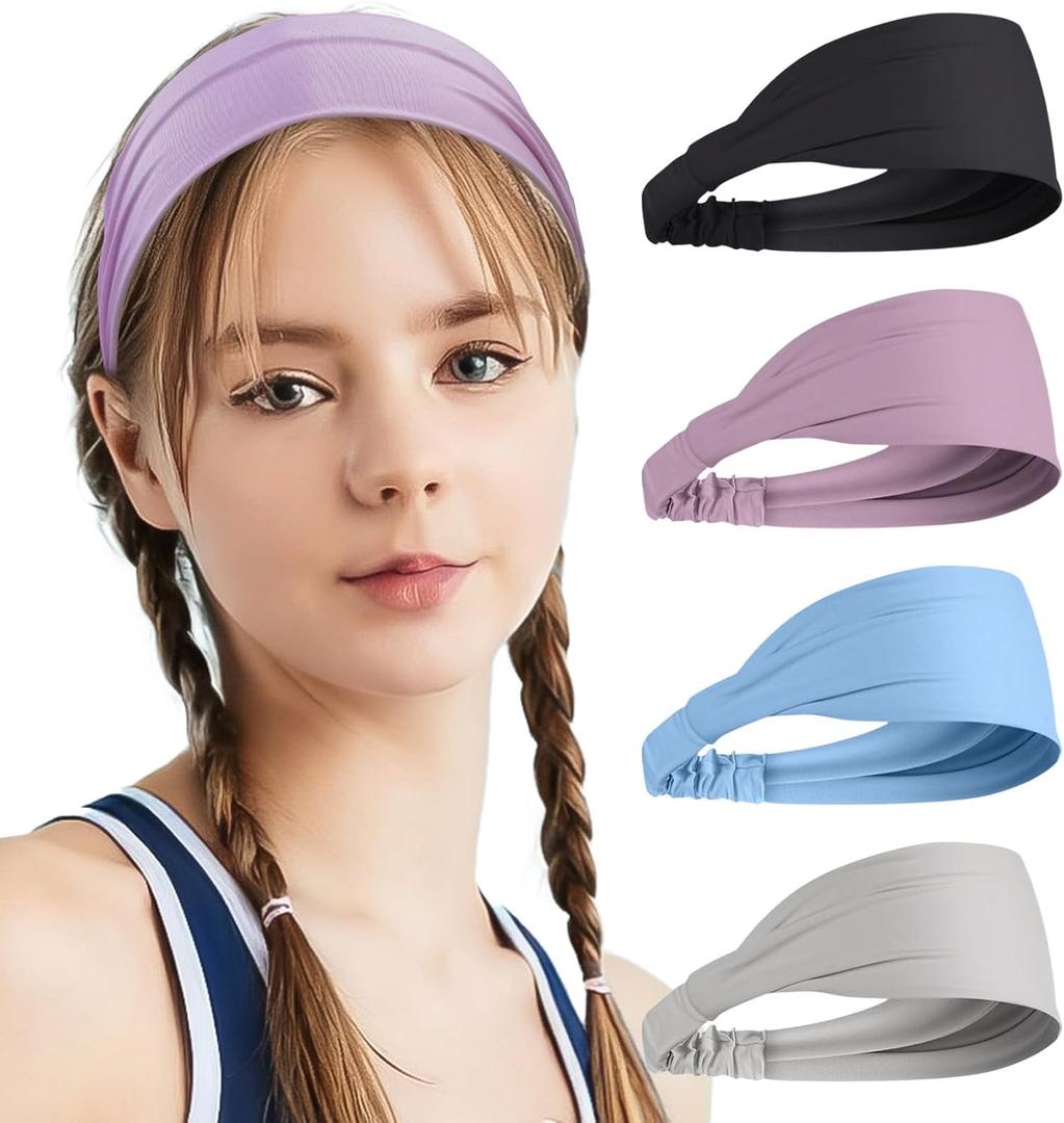 2 x Wide Headbands Headbands for Women Young Girls Non Slip Athletic Hair Bands for Small Head Ideal for Yoga Gym Running 4 Pack (black white blue purple)