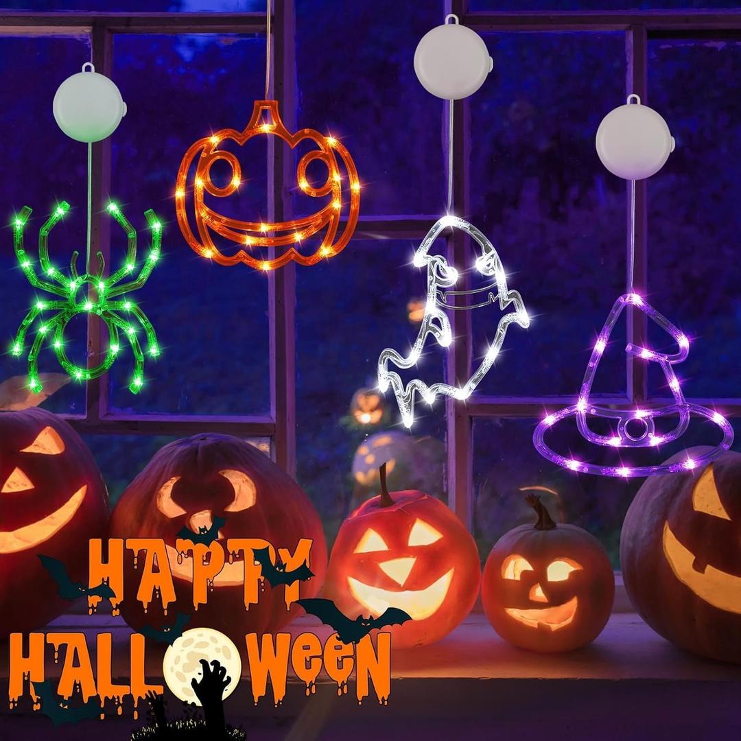 4 Pack Halloween Decorations, Orange Pumpkin, White Ghost, Purple Witch Hat, Green Spider Lights, Battery Operated Halloween Window Lights with Suction Cup and Timer for Decor