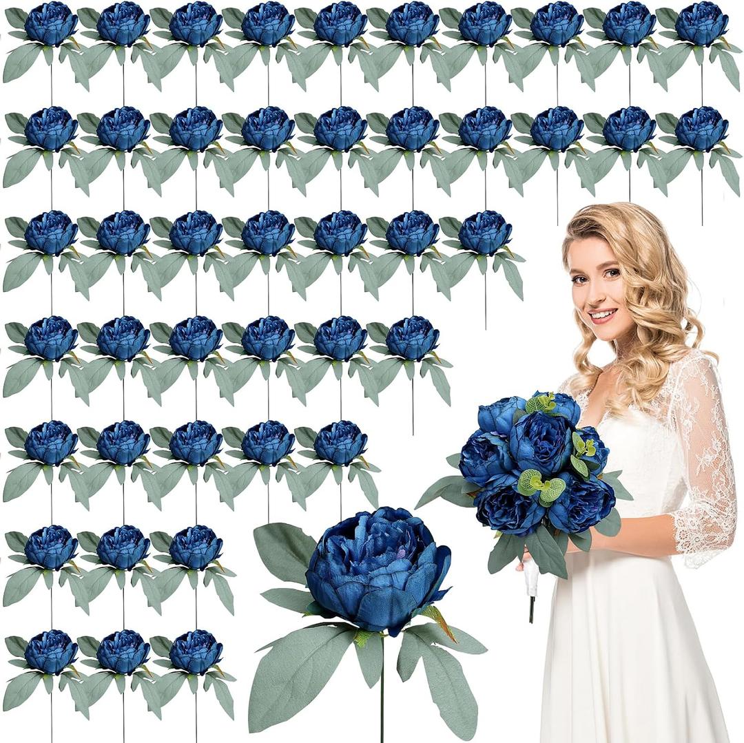 50Pcs Artificial Peonies Flowers Bulk, 4 Navy Blue Fake Peonies Silk Flowers Heads for Table, Faux Peony Arrangements for Wedding, Valentine, Engagement, Office, Coffee, Dining Decorations