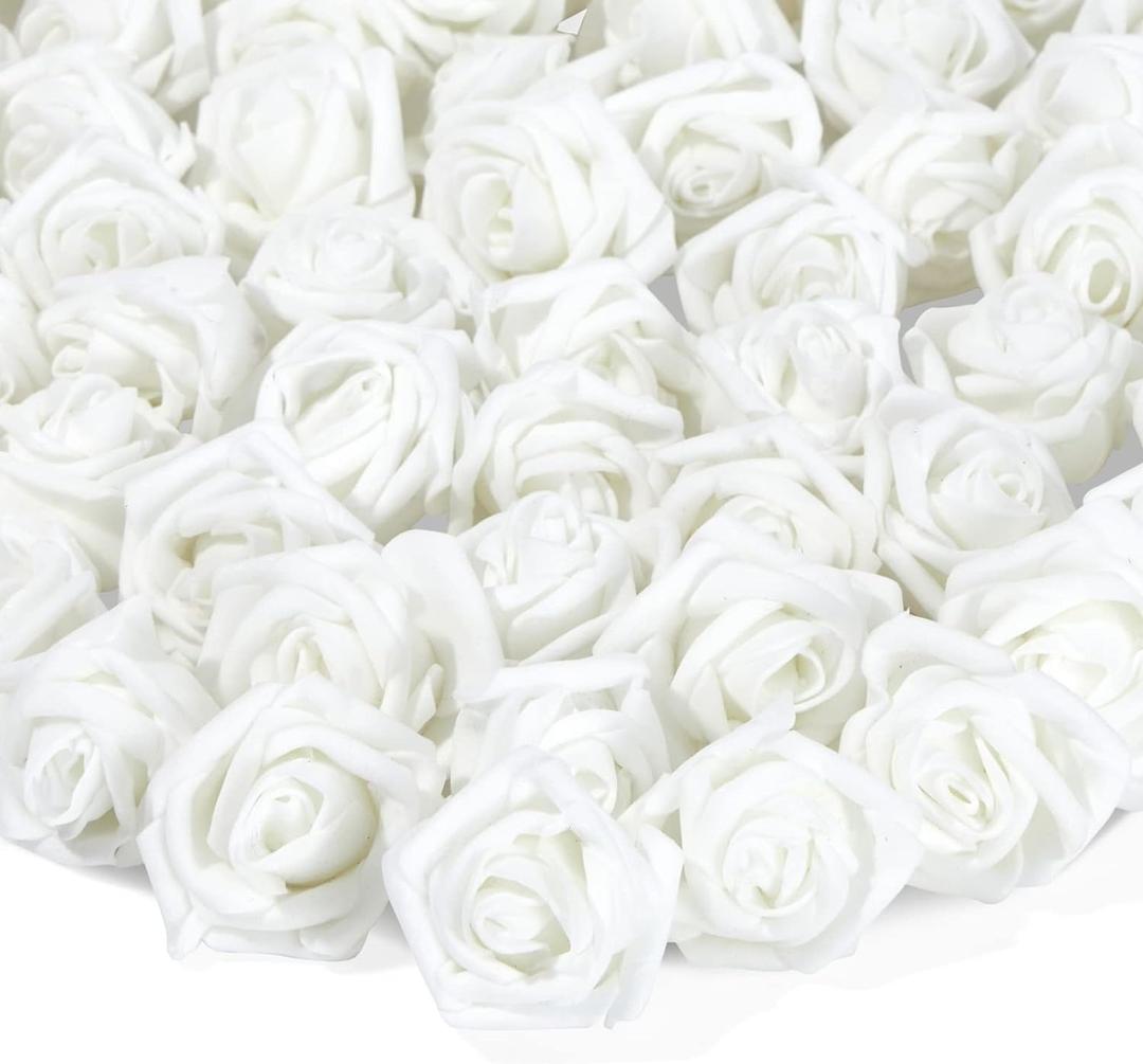 Bright Creations 200 Pack White Flower Heads, 2 Inch Stemless Fake Foam Roses for Wall Decorations, Wedding Receptions, Faux Bouquets, Table Scatter, DIY Crafting Projects