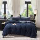 Reversible Duvet Cover Set 100% Washed Cotton Blue Stripe Linen Feel Duvet Cover Queen Size with Zipper Closure & 2 Pillow Shams,Navy/White Stripe Reverse Solid Navy