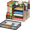 Marbrasse Desk Organizer with File Holder, 5-Tier Paper Letter Tray Organizer with Drawer and 2 Pen Holder, Mesh Desktop Organizer and Storage with Magazine Holder for Office Supplies (Wood-Brown)