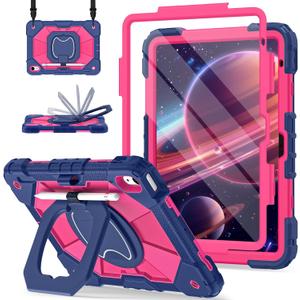 Case for iPad (A16) 11th Generation 11 Inch (2025) / iPad 10th Generation Case 10.9 Inch (2022) with 360 Rotating Stand Screen Protector Pen Holder Shoulder Strap, Navy Pink