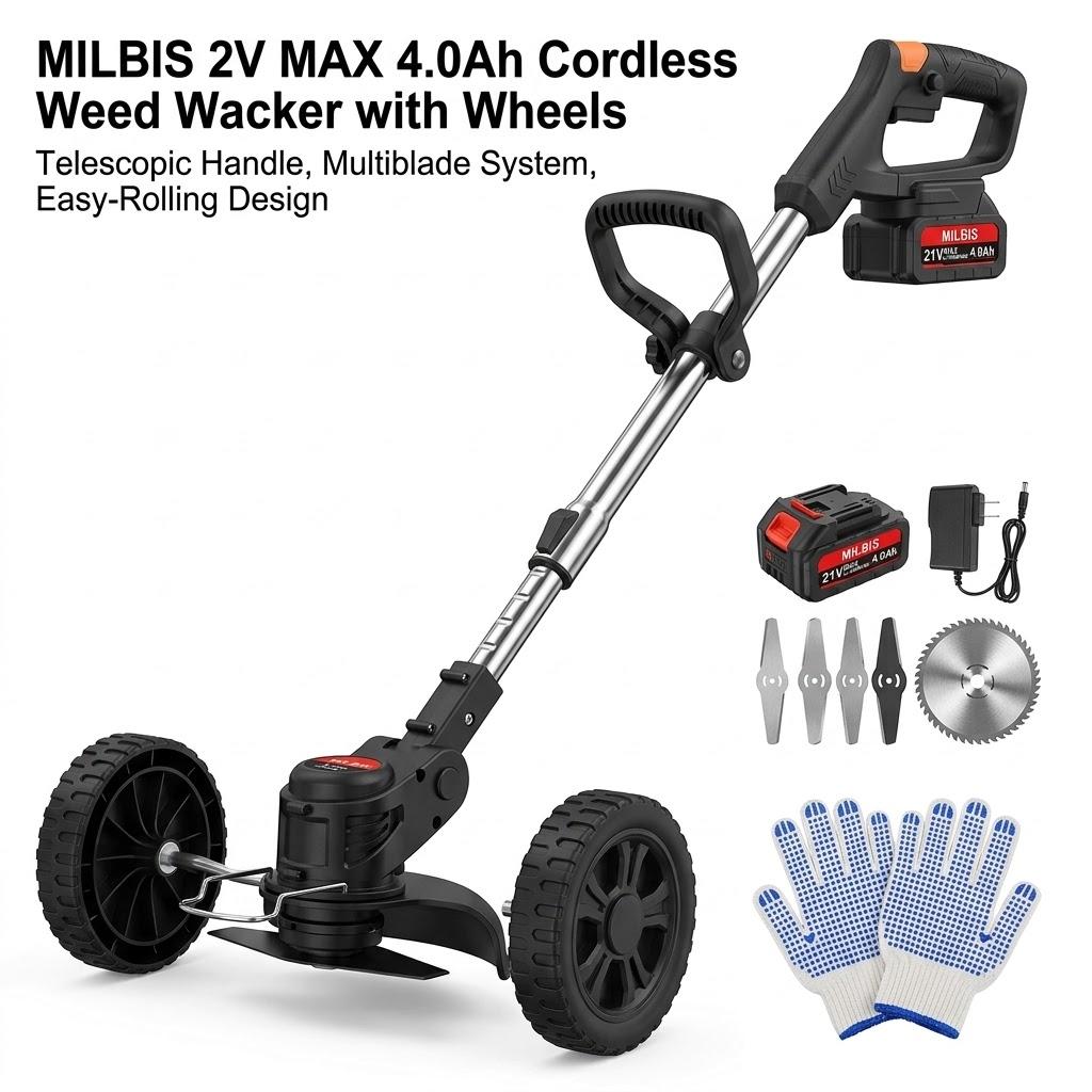 Cordless Weed Wacker with Wheels, Electric Weed Eater
with 2 X 21V Battery Powered, 3-in-1 Cordless Grass Trimmer & Brush Cutter with 5 Types Blades for Yard Garden