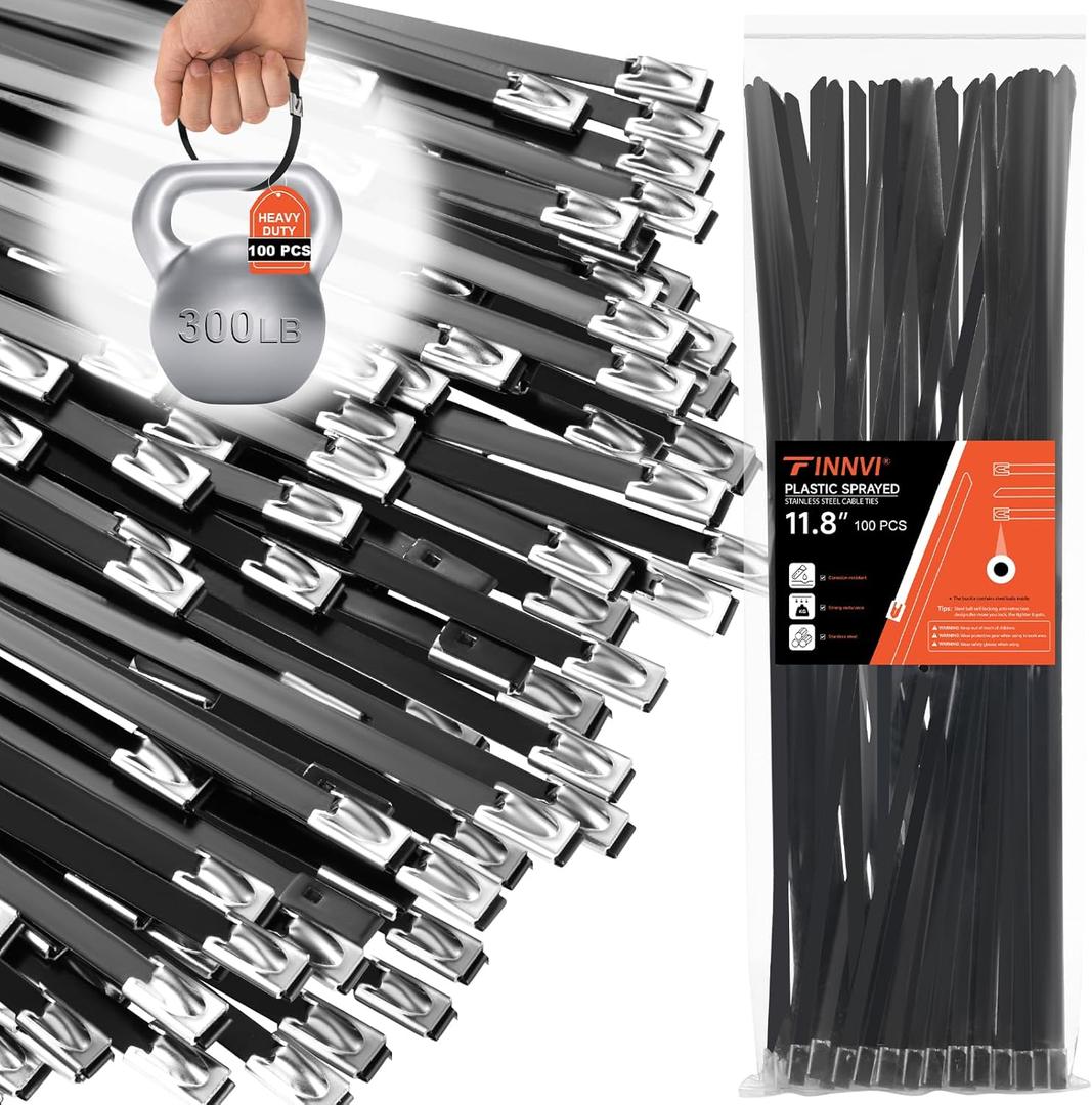 Black Metal Zip Ties Heavy Duty 11.8 inch for Outdoor Use, Stainless Steel Epoxy Coated Cable Chain Link Fence Zip Ties, Durable Metal Wire Ties Strap UV Resistant