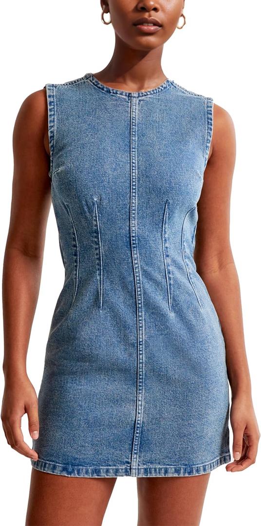 Daacee Womens Sleeveless Bodycon Denim Mini Dress Casual Waist Tucks Zipper Tank Jean Dresses (Large, Blue)